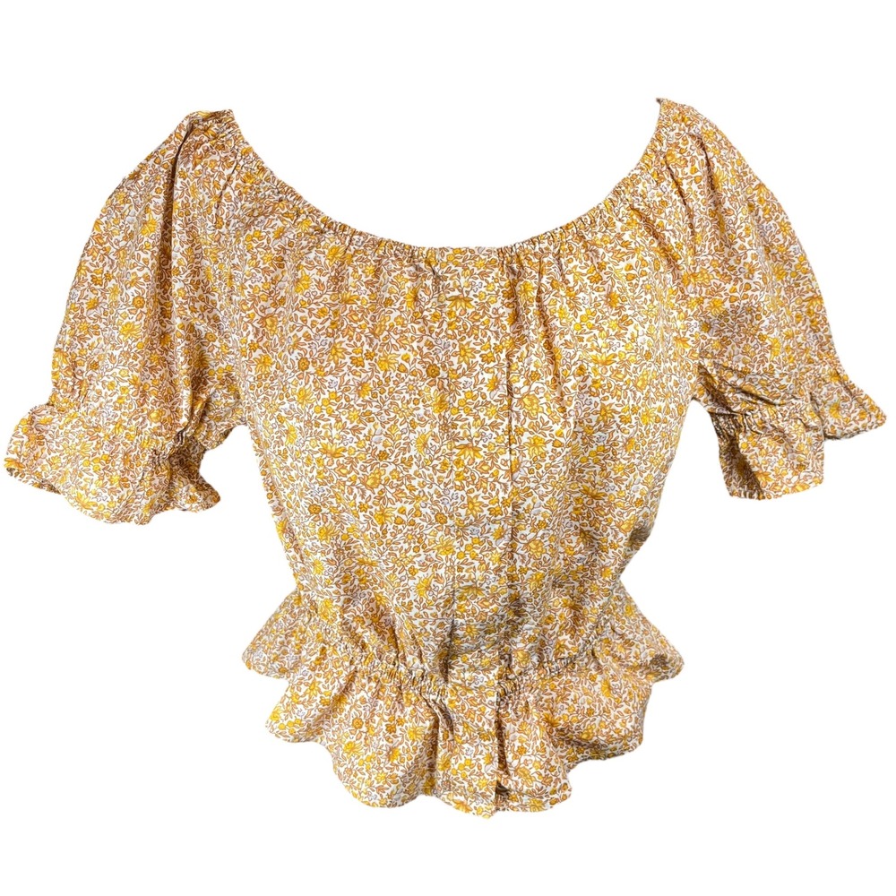 J.Crew Yellow Floral Peasant Blouse Off Shoulder Ruffle Hem Cotton Small
